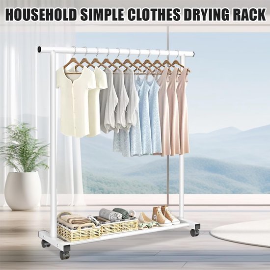 Kledingstang, kledingrek op wieltjes, stabiel kledingrek, de eenpolige 1,2 meter lange kleerhanger (wit)