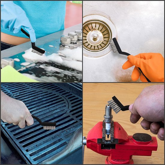 Mini roestvrijstalen draadborstelset (set van 15) - staalborstel met gebogen kunststof handgreep en ophanggat - ambachtelijke borstel voor het reinigen van metselwerk, metaalwerk