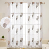 Gordijnen vitrage linnenlook transparant decoratieve sjaal gordijnen met bladeren met oogjes, 175 x 140 cm (hoogte x breedte), linnen + bruin, set van 2