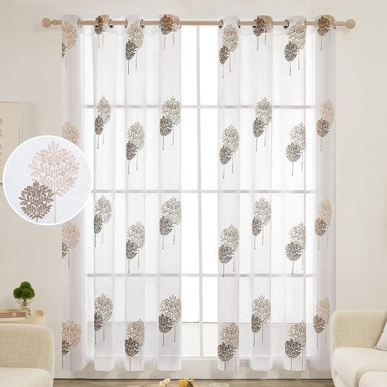 Gordijnen vitrage linnenlook transparant decoratieve sjaal gordijnen met bladeren met oogjes, 175 x 140 cm (hoogte x breedte), linnen + bruin, set van 2