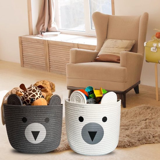 Opbergmand voor kinderen, babyspeelgoed, katoenen touw, gevlochten wasmand, klein, opvouwbaar, kinderkamer, decoratie, mand, grijze beer (28 x 28 x 24 cm)