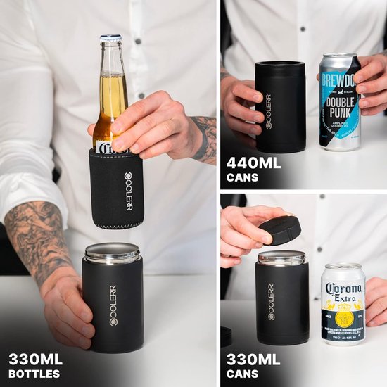 Klassiek | RVS blikjes- en flessenkoeler | Blikjes van 330 ml | Blikken van 440 ml | Flessen van 330 ml | Cadeaus voor hem | Geschenken | Biercadeaus (geborsteld staal)