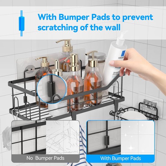 Doucheplank zonder boren, 3 stuks, roestvrij staal, douchemand met 4 + 5 haken, grote capaciteit, doucheplank voor badkamer, wasruimte, toilet, keuken, douche (zwart, 3 stuks)