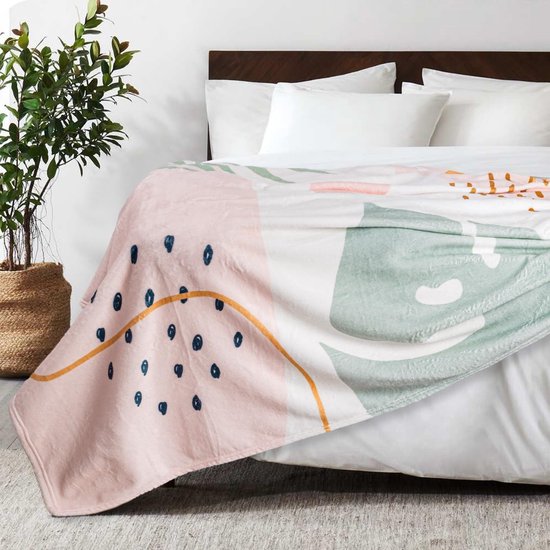 Deken, 127 x 152 cm, superzachte en warme flanellen fleece deken, Boheemse kreukbestendige winterdeken, bankdeken voor bank, bed, slaapkamer, woonkamer, kantoor - bladeren