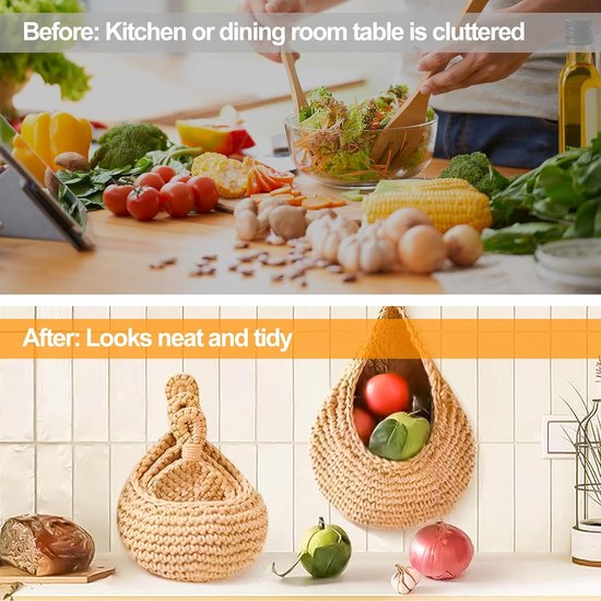 2 stuks hangende fruitmand, gevlochten hangmand keuken voor fruitopslag, fruitmand hangende muur met haak, fruitmand in Boheemse stijl voor opslag keuken