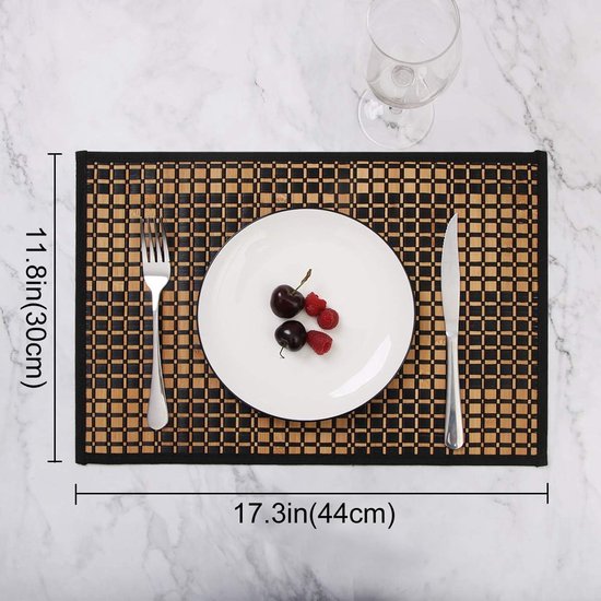 Bamboe placemats voor eettafel, placemats set van 4, vlekbestendige, hittebestendige placemats, duurzame en robuuste eetplacemats voor keukentafel (30 x 44 cm, zwart)