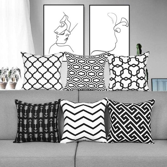 Kussensloop Outdoor Kussensloop Geometrisch Patroon Decoratieve Kussenovertrekken Deco Set van 6 voor Sofa Kamer Polyester 45 x 45 cm, Zwart