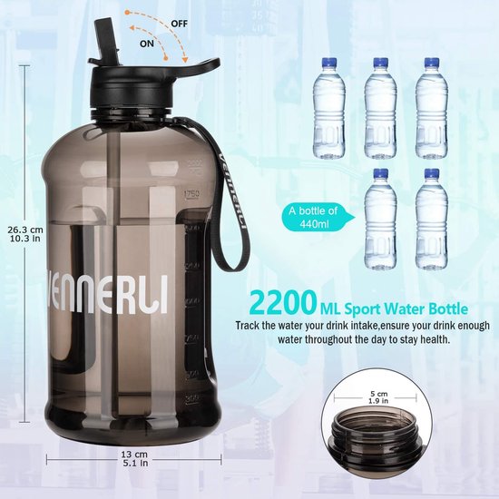 Waterfles, 2.2L Sport Waterfles met Motivationele Tijdmarkering, Niet Giftig Kunststof, Lekbestendige Drankfles BPA Gratis, voor Sport, Fietsen, Camping