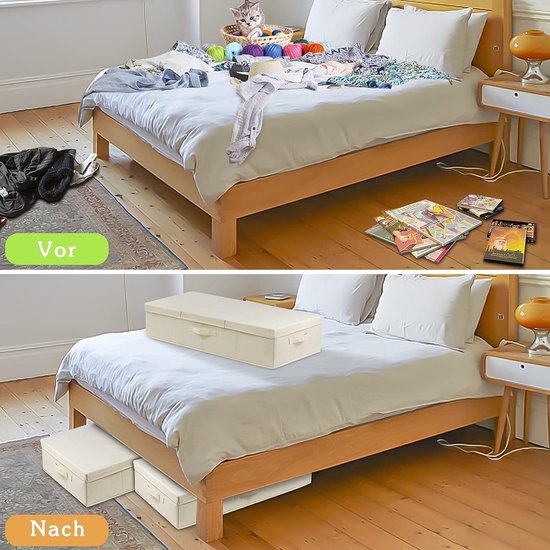 Opbergdoos voor onderbed met deksel, opvouwbare onderbedcommode voor kleding, schoenen, speelgoed, deken met 3 handgrepen (beige)