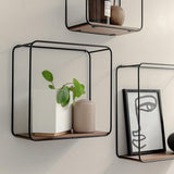 Wandplankenset, 3-delige hangplank van metaal en echt houtfineer, wanddecoratie en plank voor badkamer, woonkamer, keuken, slaapkamer en meer, walnoot