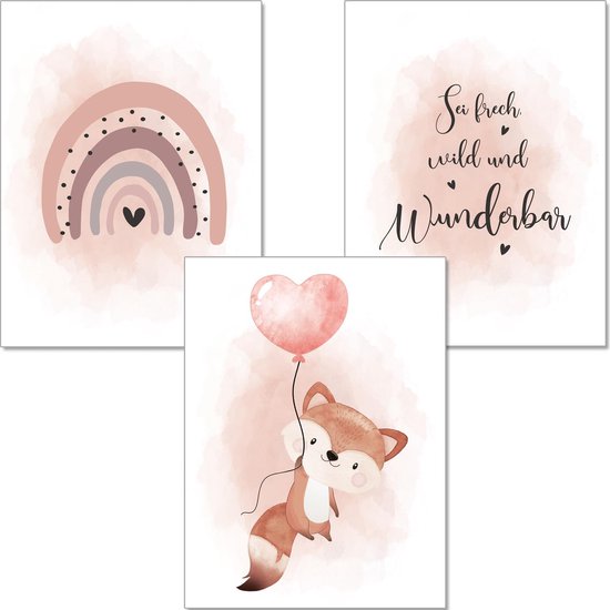 Poster Kinderkamer, set van 3 afbeeldingen babykamer meisjes, oudroze ballon regenboog van K3