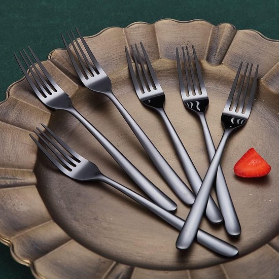 Zwarte Tafelvorken, 6 Stuks, Roestvrij Staal, 8 Inch Vorken, Bestekset, Dessertvorken, Tafelvorken, Saladevorken voor Thuis, Keuken of Restaurant, Vaatwasmachinebestendig