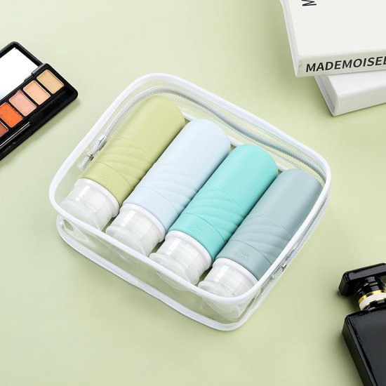 Siliconen reisflessenset, 90 ml, 4 stuks reisflessen om te vullen, lekvrij, cosmeticaflessen om te vullen op reis, container, BPA-vrij, FDA-goedgekeurd, voor het vullen van douchegellotion