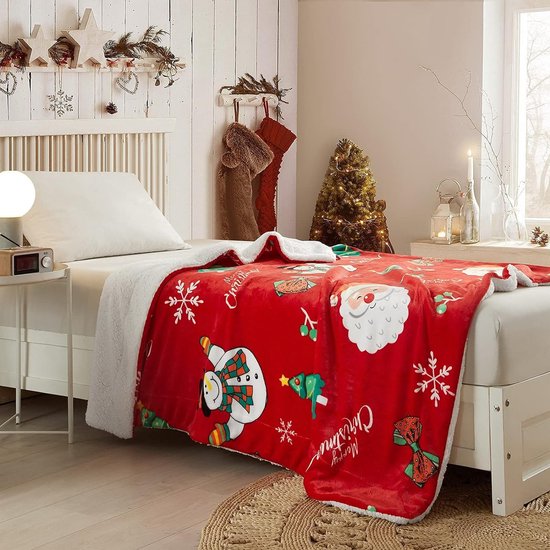 Kerstdeken, Sherpa deken, zacht, dik, warm, comfortabele fleecedeken, bankdeken, woondeken, bankdeken, flanellen deken, knuffeldeken, rood, kerstman, sneeuwpop, 127 x 152 cm