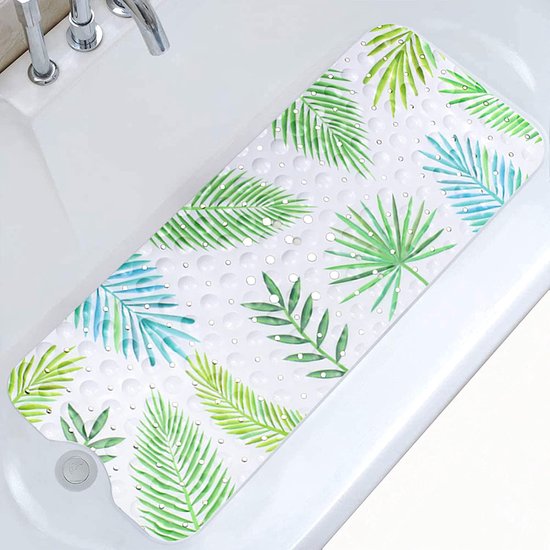 Antislip kinderbadmat, 100 x 40 cm, groen blad afbeelding badmat met 200 zuignappen, antislip, schimmelbestendig, machinewasbaar