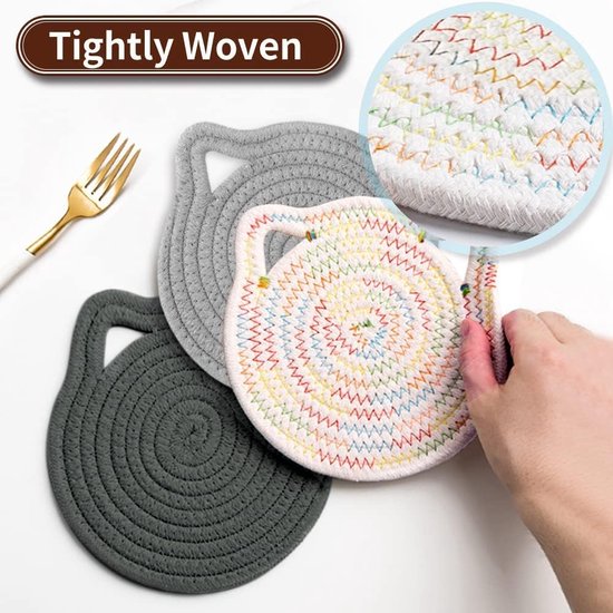 Set van 3 placemats leuk in katten dicht geweven, placemat gevlochten puur katoenen materiaal, placemats kinderen veilig en geurloos (donkergrijs, lichtgrijs, regenboogkleuren, 18 cm)