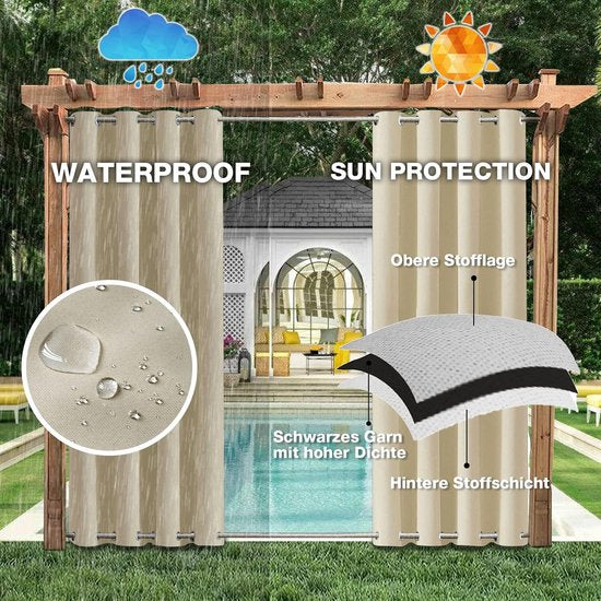 Buitengordijn weerbestendig met oogjes aan de boven- en onderkant (veel hoogtes en breedtes om uit te kiezen), waterdicht privacyscherm, terraszonwering voor balkon, veranda, pergola, tuinprieel, beige