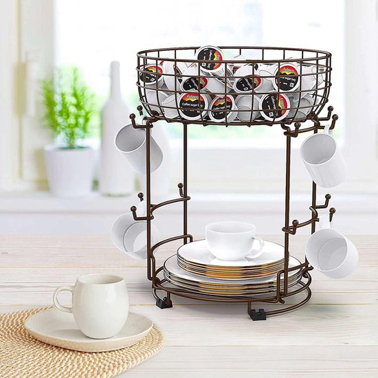 Bekerhouder, staande krakelstandaard, capsulehouder, kopjesrek, organizer, metaal, voor koffiekopjes en bekers, koffiebar, accessoires en keukenorganisatie, 12 haken (brons)