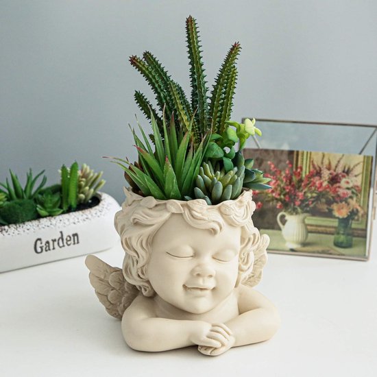 Plantenpot, 15 cm, engelkop, plat oppervlak, bloemenhouder, vaas, hars, pop, gezicht, plantenbak, vetplanten, container, pot met drainagegat voor thuis decoratie, middenstukken