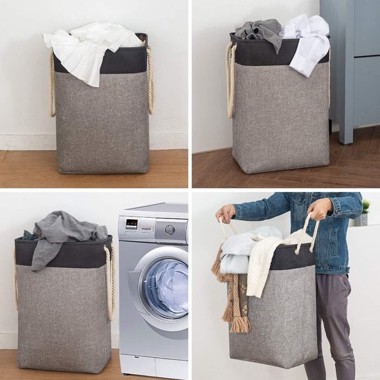 Wasmand 78L, opvouwbare wasmand met touwhandgrepen opbergcontainer geschikt voor slaapkamer wasruimte badkamer 60 x 42 x 31 cm zwart + grijs