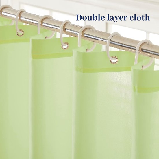 Douchegordijn, extra lang badgordijn, schimmelwerend, textielgordijnen van stof, antibacterieel, waterdicht, mosterdgroen, extra breed, 275 x 180 cm, met 18 douchegordijnringen.
