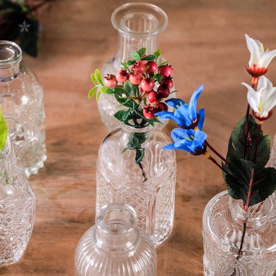Kleine glazen vaas, grote verpakking met 12 mini-vintage bloemenflessen, delicate glazen bloemenvaas, verschillende maten voor bloemstukken, decoratieve tafeldecoratie, bruiloftsfeest thuis