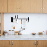 40 cm keukenhouder met 6 afneembare haken, aluminium messenhouder en potdekselhouder - keukenhulplijst - zwart