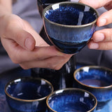 Kungfu Thee, 3 stuks keramische bekers, blauwe sake set, porseleinen bakje voor thuis hete of koude sake