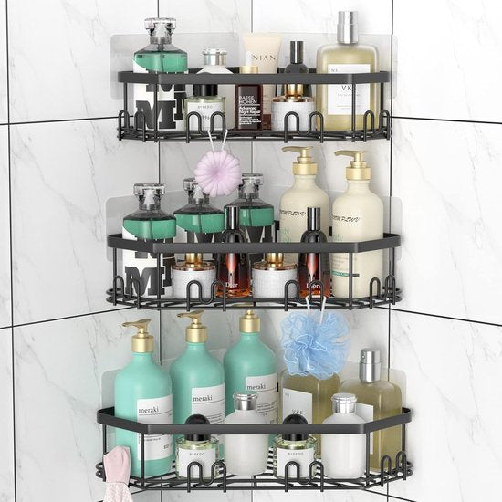 Douchehoekplank, doucheorganizer, douchehoekplank met 12 haken, 3 stuks zelfklevende roestvrijstalen doucheplanken voor badkameropslag (matzwart)