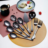 Zwarte 10-delige serveerbestekset, roestvrijstalen serveerset met gleufschep, opscheplepel, taartschep, serveervork, soeplepel