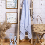 Set van 2 premium hamamdoeken met handgeknoopte franjes, 100% katoen, XXL strandhanddoek, 100 x 200 cm, Oeko-TEX 100, grote strandhanddoek, saunahanddoek en reishanddoek, lichtblauw