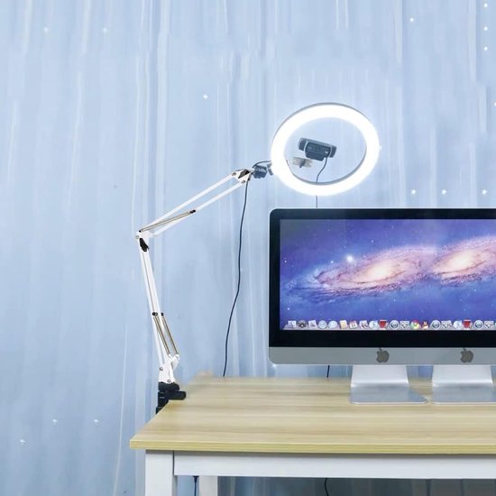 Mobiele telefoon gelede armsteun, webcamstandaard, schaarstatief met smartphoneklem en 1/4" schroef lange mouw mobiele telefoonhouder gelede armsteun (wit)