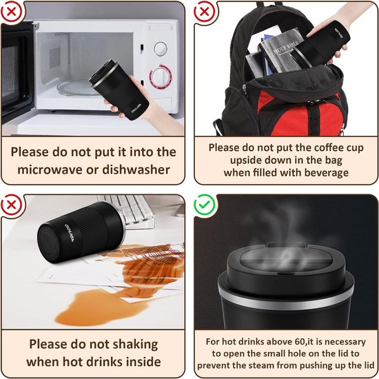 Thermobeker, koffiebeker met lekvrij deksel, thermobeker, isolatiebeker, roestvrij staal, reismok, koffiemok om mee te nemen, voor warm en koud water, koffie en thee, 380 ml, zwart