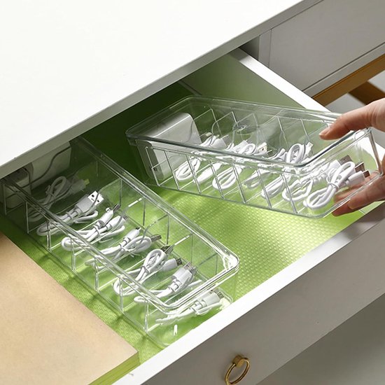 Kabelopbergdoos, 2 stuks kabelorganizerbox met deksel, 8 vakken met 30 kabelbinders, transparante kabelmanagementbox voor bureau, opslag, kantoor, thuisgebruik