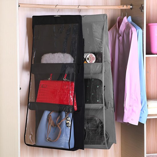 2 stuks handtasopberger, handtasorganizer hangend met 6 compartimenten, opvouwbare kledingkast handtasplank, tassenhouder voor tassen woonkamer, slaapkamer, huis, grijs/wit