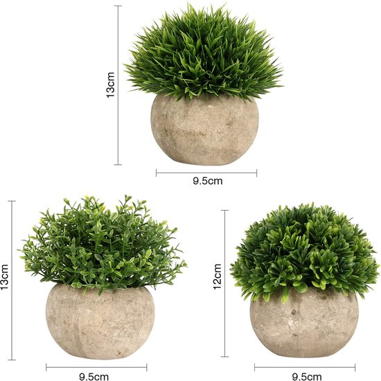 GoMaihe Kunstplant 3 Stuks met Grijze pot, 9,5 x 13 Mini Binnen en Buiten Plastic Nep Groen Gras, voor Woonkamer Balkon Dadkamer Kantoor Bruiloft Decoratief, Voortreffelijk Nieuw Huis Cadeau