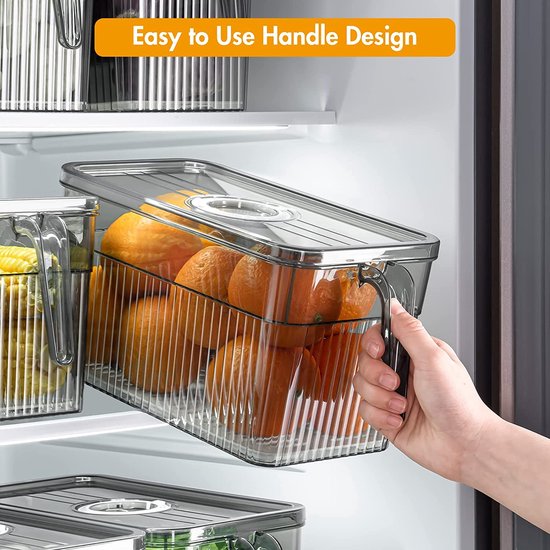 Koelkastorganizer, 3-delige set, koelkastopbergdoos, stapelbaar met deksel en handvat, opbergsysteem voor koelkast, groenten en fruit voor keuken, koelkast, kasten, BPA-vrij