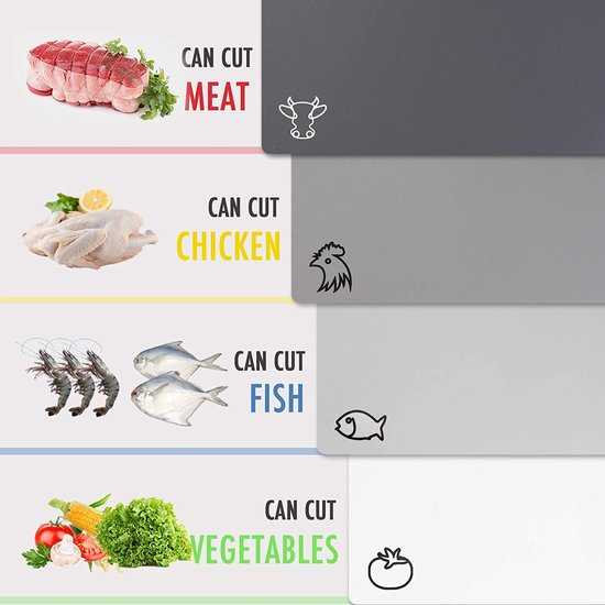Kunststof snijplanken voor de keuken, flexibele snijmatten met voedselsymbolen, set van 4, BPA-vrij, niet-poreus, antislip achterkant, vaatwasmachinebestendig, meerkleurig grijs, 30 x 38 cm