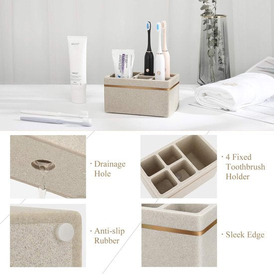Tandenborstelhouder, 5 vakken, elektrische tandenborstelhouder met afvoergat, tandenborstelstandaard, hars, tandenborstelhouder voor badkamer, tandenborstelhouder voor tandpasta, zand, kaki
