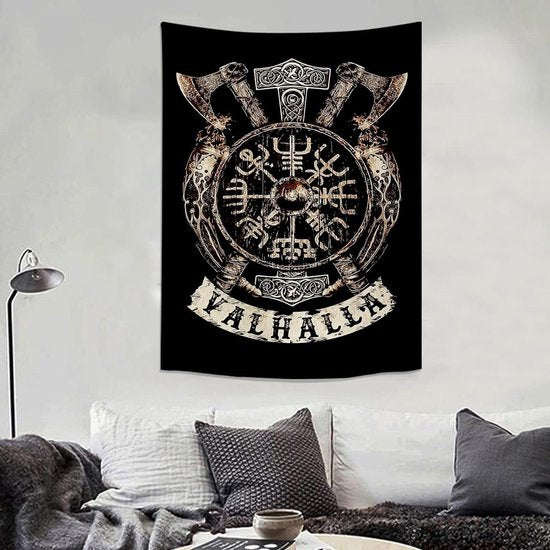Viking decoratief wandtapijt Vegvisir assen hamer Valhalla muur doek Scandinavische mythologie Fathurk wandbehang Gothic esthetisch decoratief tapijt klein zwart 150 x130cm