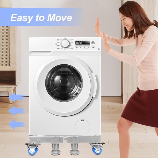 Onderstel voor wasmachines, verstelbare wasmachinesokkel met 8 poten en 4 wielen, wasmachinesokkel, berenbelasting 300 kg, platform voor koelkast, droger en vriezer