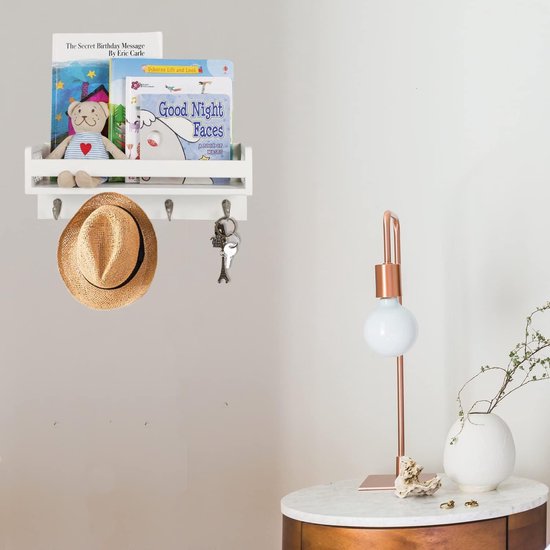 Houten wandrek voor organizer, keuken, kruidenrek, wandrek met 4 haken voor sleutelplank, opbergruimte, badkamer, boekenkast van hout voor slaapkamer, wanddecoratie, kantoor en huishouden. (wit)