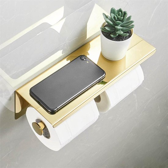 Double Roll Toilet Paper Holder with Shelf, Wall Mounted Stainless Steel Tissue Dispenser for Bathroom (Gold)