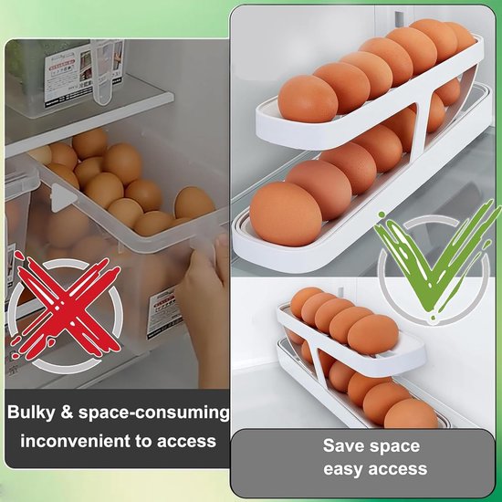 2 stuks eierhouder voor koelkast, 2-laags eierdispenser, automatisch rollende eiercontainer, eierrek, eieropslag voor koelkast, eierhouder voor rollende eiercontainer