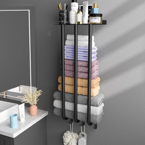 Towel Rail Black Bathroom Towel Holder with Shelf and 3 Towel Hooks, Wall Mounted Towel Holder with 3 Bars for 7 Large Bath Sheets, Guest Towel Holder Towel Holder for Bathroom