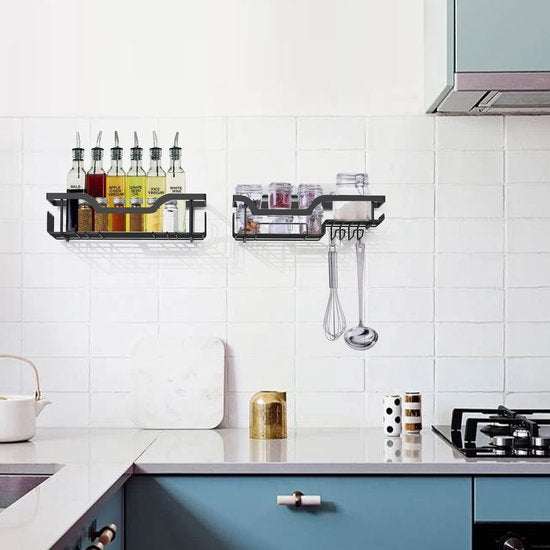 2 stuks doucheplank gezoneerd boren, wandmontage badkamer doucheand met haken, roestvrij staal doucheplank voor shampoo en douchegel, Zwart