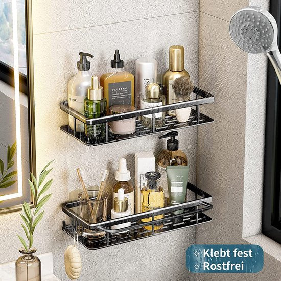Doucheplank, doucheplank zonder boren, 2 stuks douchemandjes, douche-organizer met 4 kleefvlakken, 2 haken en 1 handdoekhouder, ruimte-aluminium, roestvrij, zwart