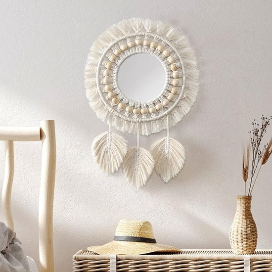 Macrame wandspiegel wanddecoratie ronde spiegel boho hangende wandspiegel met macrame veer handgemaakt