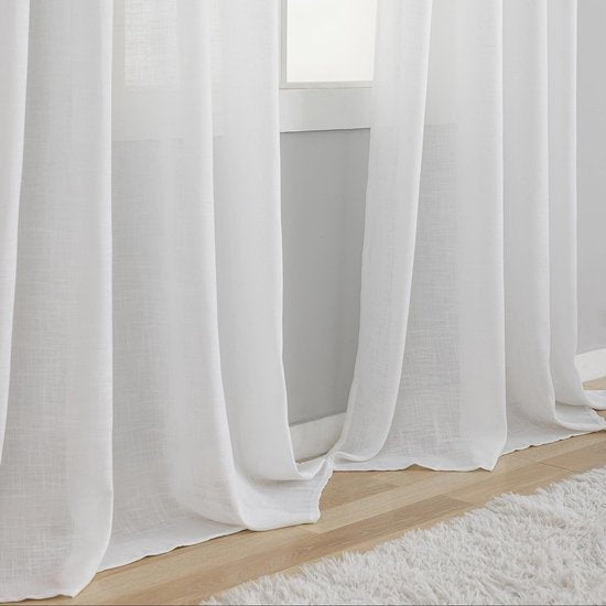 Gordijnen met een natuurlijke linnenlook, met inslagringen (wit, 220 x 140 cm (h x b)