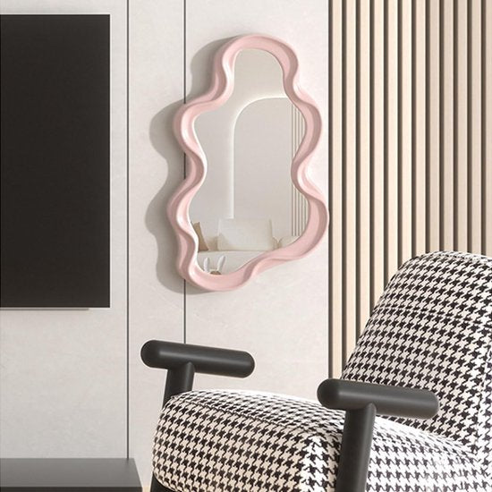 Onregelmatige frame wandspiegel, decoratieve spiegel, make-up spiegel, ijdelheidsspiegel voor badkamer, woonkamer, slaapkamer (roze)